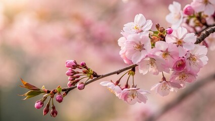 Obraz premium Delicate Pink Cherry Blossoms Branch, Spring Floral Background, Copy Space Right