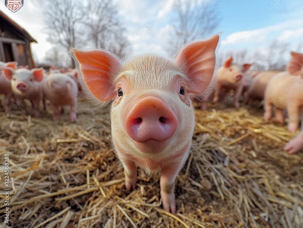 Poster close-up view of a curious piglet in a farmyard surrounded by other piglets, capturing the charm and