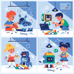 Hand drawn flat robotic for kids square illustrations