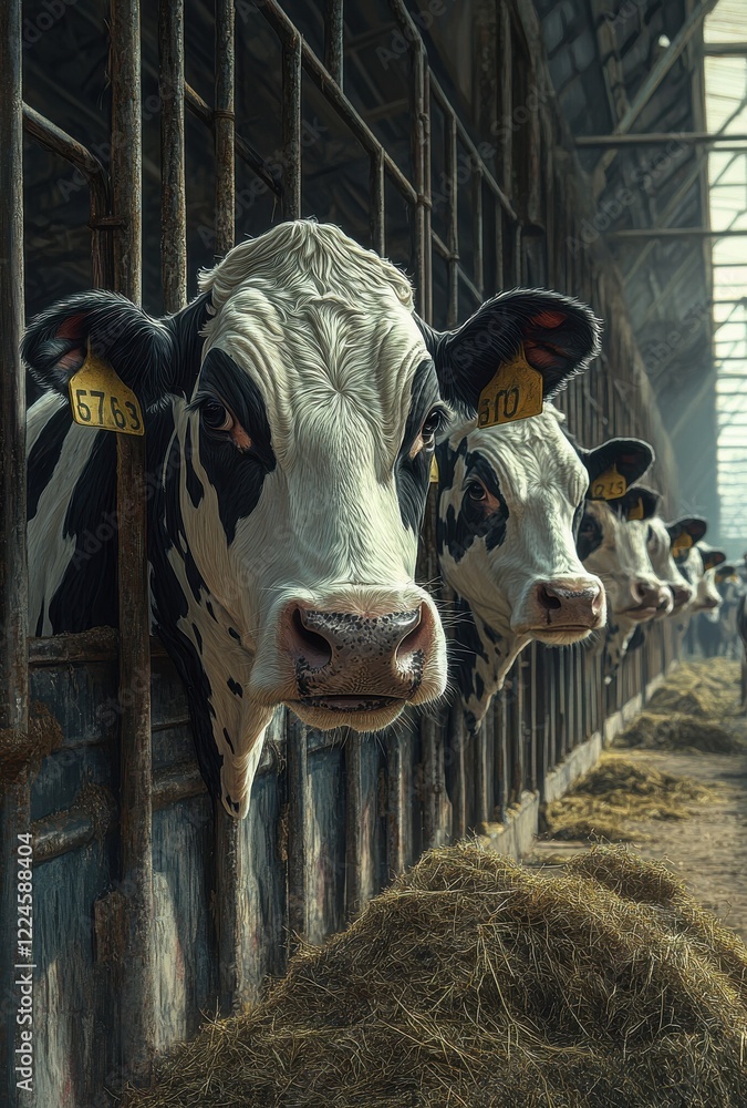 Poster close-up view of dairy cows in barn showing distinctive black and white patterns with tags, surround