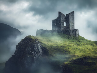 Misty Mountaintop Castle Ruins: An atmospheric image of ancient castle ruins perched atop a misty mountain, shrouded in fog and mystery. The scene evokes a sense of history, solitude.