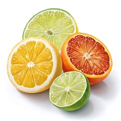 Fototapeta premium Sliced Citrus Fruits – Ultra-realistic lemon, orange, and lime slices with juicy textures and subtle transparency in the pulp, appearing fresh and vibrant on a transparent background.