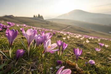Obraz premium Delicate Purple Crocus Blossoms Emerging in Early Spring Meadow Landscape