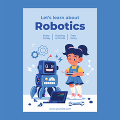 Hand drawn flat robotic for kids poster template