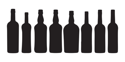 Set of alcohol bottle. Black silhouette of a vessel for various types of drinks. Wine, beer, rum, whiskey, liquor, cognac. Black illustration on white background.