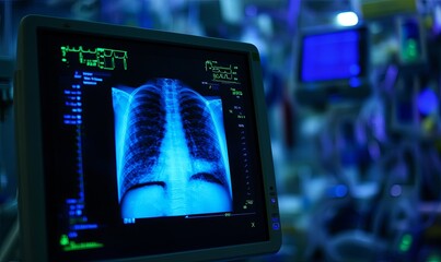 Chest x-ray displayed on monitor in hospital operating room during surgery