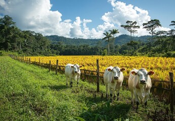 Fototapeta premium Cows Grazing Near Vibrant Rice Field Under Clear Blue Sky Surrounded by Lush Greenery and Majestic Mountains, Capturing Rural Serenity and Agricultural Beauty