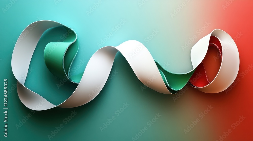 Poster abstract colorful ribbon swirl design: a 3d rendering of intertwined white, teal, and red ribbons on