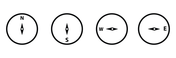 Compass icon. Nautical compass for travel with sign of north, south, west, east. Set of logo for map and navigation. Symbol of direction. Arrow, dial for orientation of latitude, longitude.