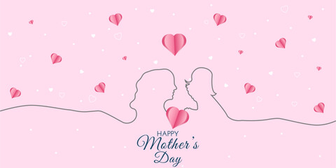 Mother's Day banner with linear silhouette of woman and child, hearts in paper cut style on pink background. Vector illustration