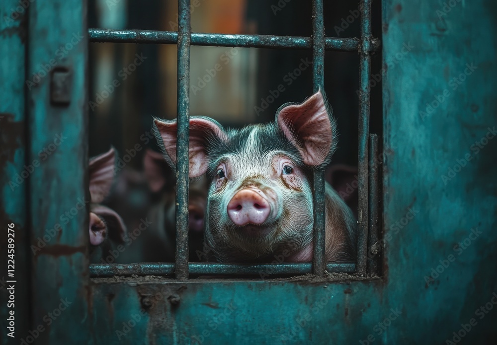 Poster curious piglet behind bars in a rustic farm setting contemplating freedom with other pigs in the bac
