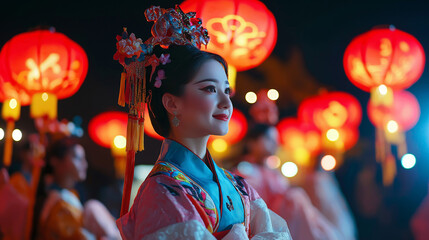 Elegant Woman in Traditional Chinese Attire at Lantern Festival