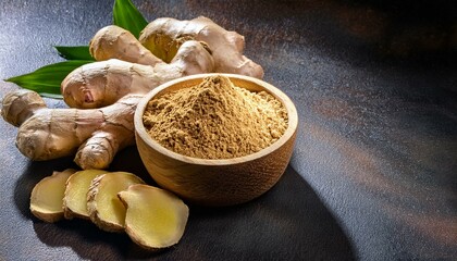 Fresh healthy ginger root with ginger powder in bowl