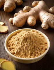 Fototapeta premium Fresh healthy ginger root with ginger powder in bowl