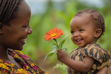 Happy African baby giving a single orange flower to their mother, both smiling and sharing a moment of love and complicity