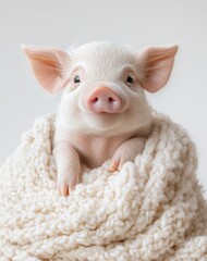 Fototapeta premium Cute adorable baby piglet wrapped in a soft cozy blanket, looking curiously at the camera with bright expressive eyes, showcasing innocence and charm in a minimalist setting