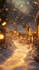 Fototapeta premium Winter village road with snowy cottages and golden sunlight