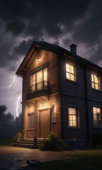 House illuminated by lightning bolt against a dark background, electric glow, glowing light