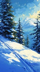 Fototapeta premium Sled tracks on sunny mountain slope with evergreen trees
