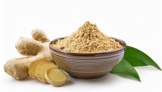 Fresh healthy ginger root with ginger powder in bowl on white background