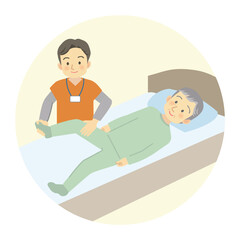 訪問看護のサービス内容＿ベットの上で受けるリハビリテーション中のカットイラスト＿丸枠デザイン

