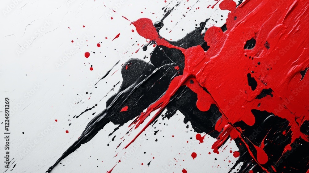 Poster abstract background with bold ink splatters in contrasting black and red on a white surface