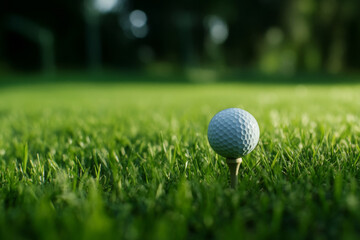 Obraz premium White golf ball on tee in the middle of vibrant green golf course with a blurred natural background