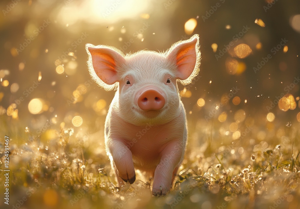 Poster cute piglet running on grass in a sunlit field surrounded by glowing bokeh lights with a soft and wh