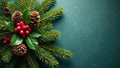 Evergreen branches intertwined with pinecones and holly, christmas, evergreen, pinecones