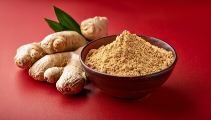 Fresh healthy ginger root with ginger powder in bowl on red background