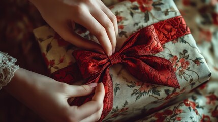 A close-up of hands tying a red bow on a beautifully wrapped gift.