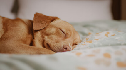 Close-up of a cat and dog sleeping together, soft warm light creating a peaceful and harmonious atmosphere, showcasing friendship and companionship.
