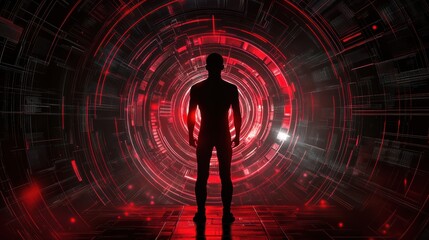 Cybersecurity visualization with human silhouette and data encryption