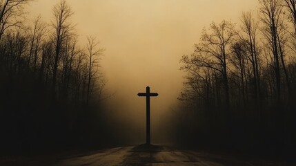 Crossroad Cross Silhouette in Misty Forest Path