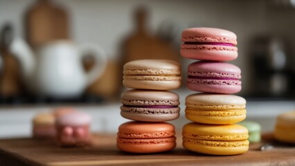 Colorful macarons stacked on a wooden board in a kitchen setting with soft light