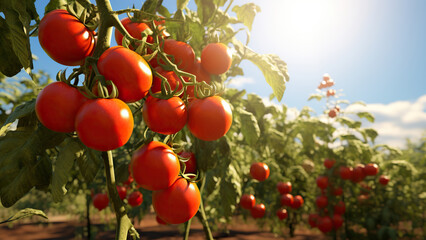 Ripe Red Tomatoes on a Vine in a Sunny Garden
