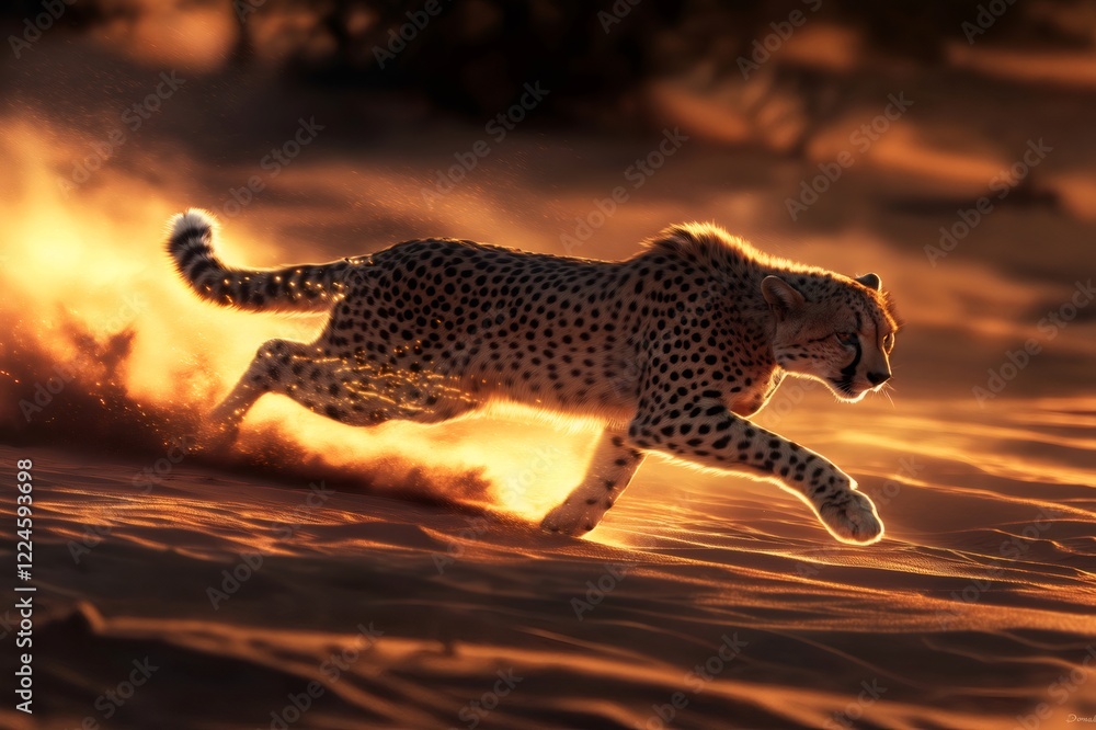 Poster cheetah running very fast in the desert during sunset, creating a glowing stream of dust behind it