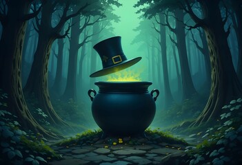magical cauldron with glowing spell and leprechaun's hat in dark forest. St Patrick's Day, mystery, and fantasy concept. Ideal for holiday and enchanted forest imagery