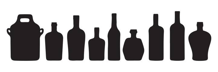 Set of alcohol bottle. Black silhouette of a vessel for various types of drinks. Wine, beer, rum, whiskey, liquor, cognac. Black illustration on white background.