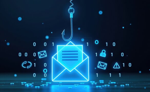 A digital illustration of a glowing red email envelope hooked by a phishing hook, symbolizing cyber threats, email scams, phishing attacks, and online fraud in a futuristic cybersecurity concept.