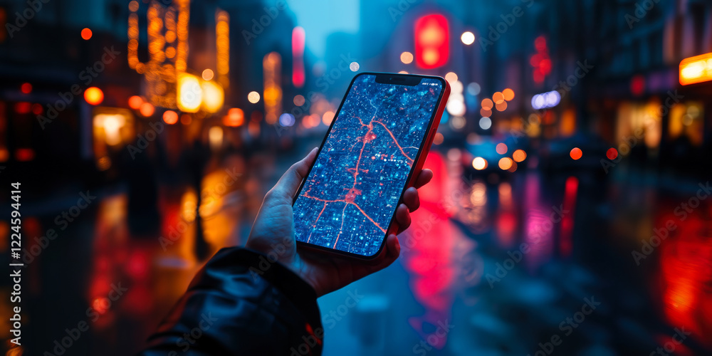Poster smartphone displaying real-time location-based safety app on busy urban street