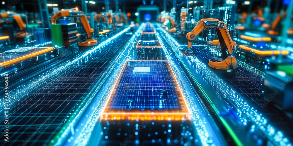 Poster autonomous robotic arms assembling electronic components on ai-driven high-tech production line in f