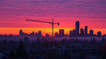 Obraz premium A construction crane silhouetted against a vibrant sunrise over a growing city.