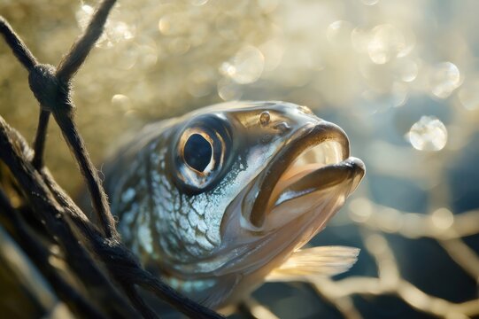 Close up view of a fish struggling and gasping for air while trapped in the net of a fisherman, highlighting the urgency of survival