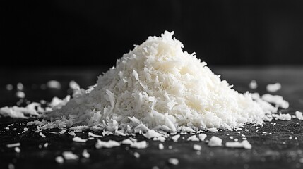Shredded coconut pile, dark background, food photography, recipe ingredient