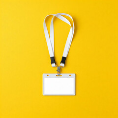 blank id card with tag mockup. blank white Card lanyard mockup, badge id tag on yellow background. Staff identification on yellow background.