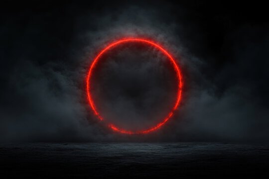Red Neon Circle, Dark Background, Copy Space.