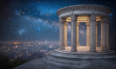 Obraz premium Classical rotunda overlooking cityscape under starry night sky