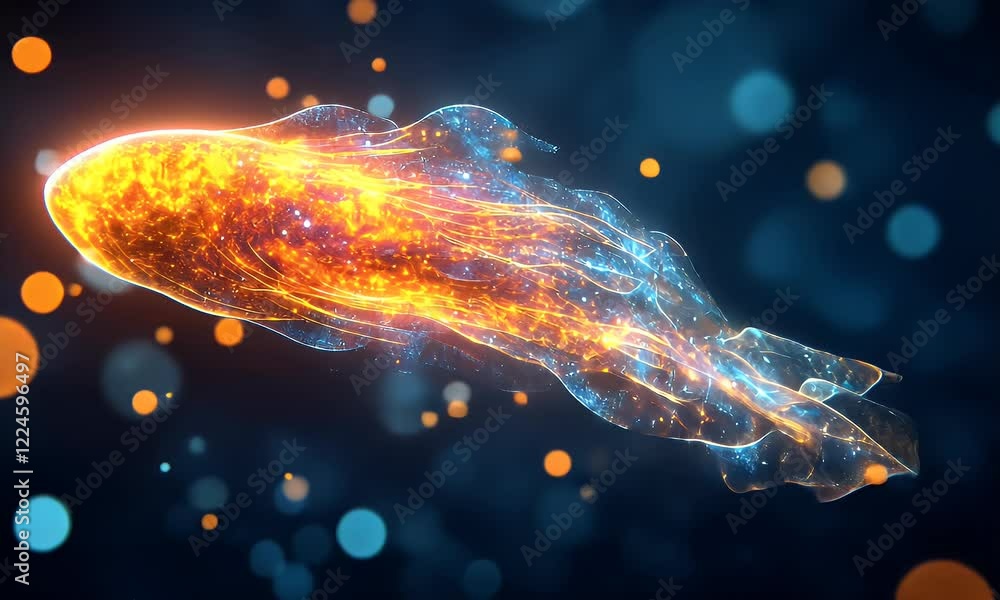 Poster fiery comet streaks across dark space; cosmic energy; abstract background; for science fiction