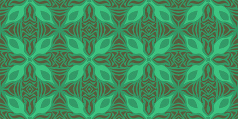 Seamless green and brown abstract floral pattern with symmetrical leaf shapes and intricate geometric designs, perfect for backgrounds, wallpapers, and textile prints